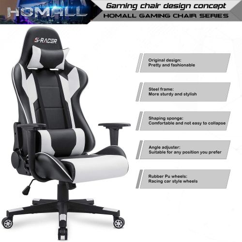  Homall Gaming Chair Office Chair High Back Computer Chair Leather Desk Chair Racing Executive Ergonomic Adjustable Swivel Task Chair with Headrest and Lumbar Support (White)