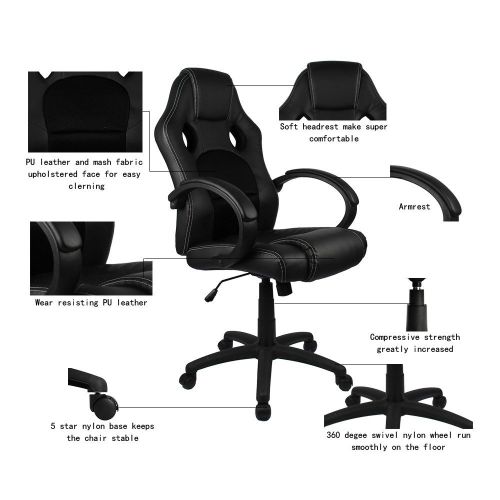  Homall Executive Swivel Leather Office Chair, Racing Chair High-back Gaming Chair Pu Leather and Mesh Bucket Seat,computer Swivel Lumbar Support Chair (Black)