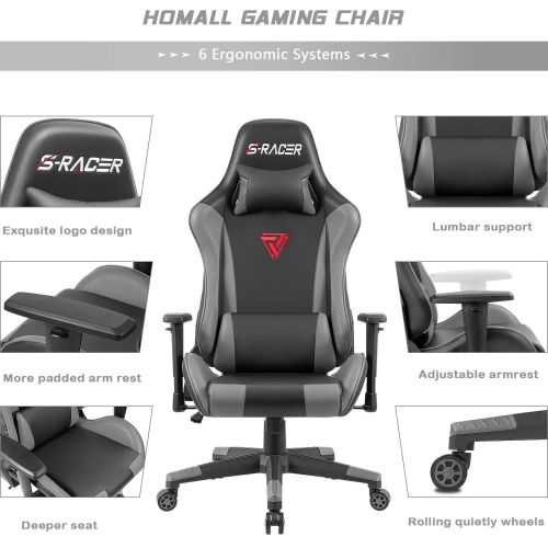  Homall Gaming Office Chair High Back Computer Chair Racing Style Swivel Chair PU Leather Bucket Seat Desk Chair with Adjustable Armrest ErgonomicHeadrest and Lumbar Support (Grey)