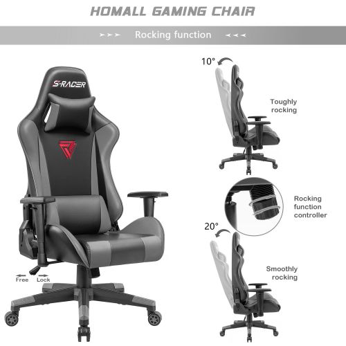  Homall Gaming Office Chair High Back Computer Chair Racing Style Swivel Chair PU Leather Bucket Seat Desk Chair with Adjustable Armrest ErgonomicHeadrest and Lumbar Support (Grey)