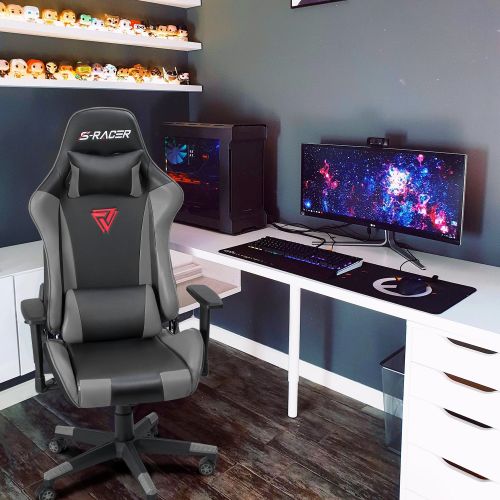  Homall Gaming Office Chair High Back Computer Chair Racing Style Swivel Chair PU Leather Bucket Seat Desk Chair with Adjustable Armrest ErgonomicHeadrest and Lumbar Support (Grey)