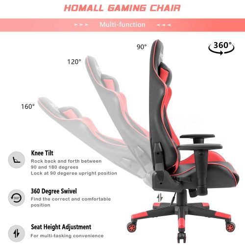  Homall Racing Gaming Chair Ergonomic High-Back Chair Premium PU Leather Bucket Seat,Computer Swivel Lumbar Support Executive Office Chair (Red)