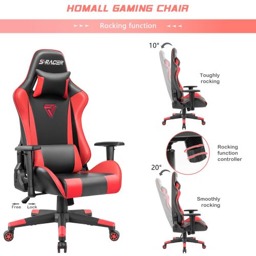  Homall Racing Gaming Chair Ergonomic High-Back Chair Premium PU Leather Bucket Seat,Computer Swivel Lumbar Support Executive Office Chair (Red)