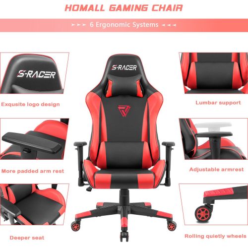  Homall Racing Gaming Chair Ergonomic High-Back Chair Premium PU Leather Bucket Seat,Computer Swivel Lumbar Support Executive Office Chair (Red)