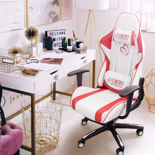  Homall Gaming Chair Racing Office Chair High Back Computer Desk Chair Leather Executive Adjustable Swivel Chair with Headrest and Lumbar Support (Red)