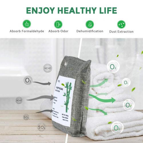  Homasy Bamboo Charcoal Air Purifying Bag 4 Pack Come with 4 Hooks, 200g Natural Air Purifying Bags, Activated Charcoal Odor Eliminators Charcoal Bags, Home and Car Air Purifier, Closet Fr