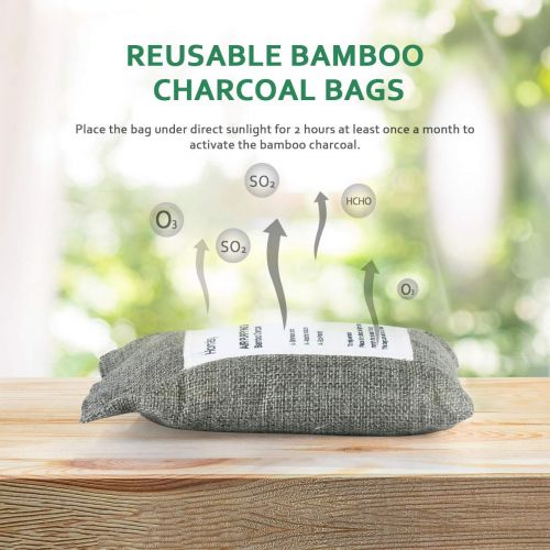  Homasy Bamboo Charcoal Air Purifying Bag 4 Pack Come with 4 Hooks, 200g Natural Air Purifying Bags, Activated Charcoal Odor Eliminators Charcoal Bags, Home and Car Air Purifier, Closet Fr