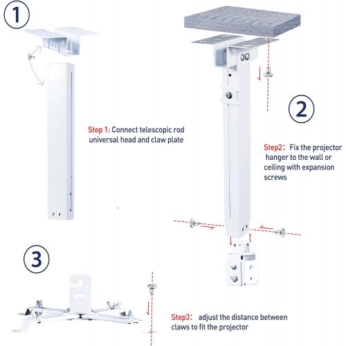  Projector Ceiling/Wall Mount White, Homcine Low Profile Universal Projector Holder/Bracket/Hanger Kit with Extendable Arm, Adjustable Height Pole Mount Drop Ceiling Quick Release F