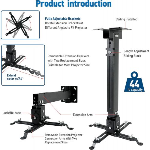  Projector Mount, Homcine Universal Projector Ceiling/Wall Mount Black with Extendable Arms, Adjustable Height, Projector Holder/Bracket/Hanger Low Profile, Quick Release for Epson,