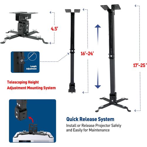  Projector Mount, Homcine Universal Projector Ceiling/Wall Mount Black with Extendable Arms, Adjustable Height, Projector Holder/Bracket/Hanger Low Profile, Quick Release for Epson,