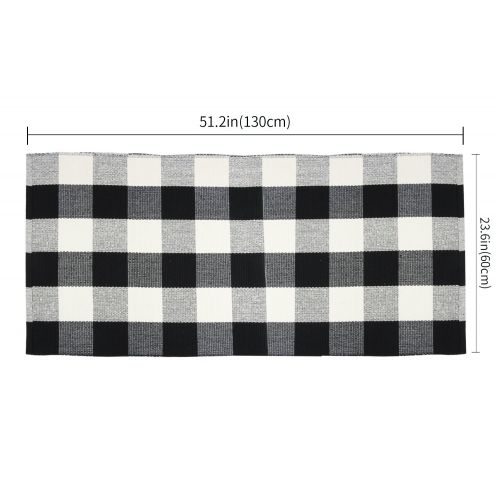  Homcomoda Cotton Plaid Checkered Area Rug Hand Braided Kitchen Floor Rug Runner Washable Carpet (23.6” by 51.2”, Plaid-Black and White)