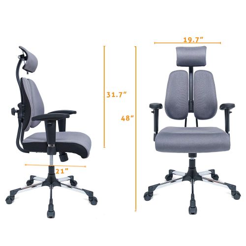  Homcy Fabric Executive Office Chair, High Back Desk Chair with Adjustable Dual-backrest, Lumbar Support, Armrest, Headrest, and Mute Wheel (Grey)