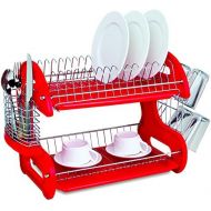[아마존베스트]Home Basics Plastic 2-Tier Dish Drainer Rack, Air Drying and Organizing Dishes, Side Mounted Cutlery Holder, Red
