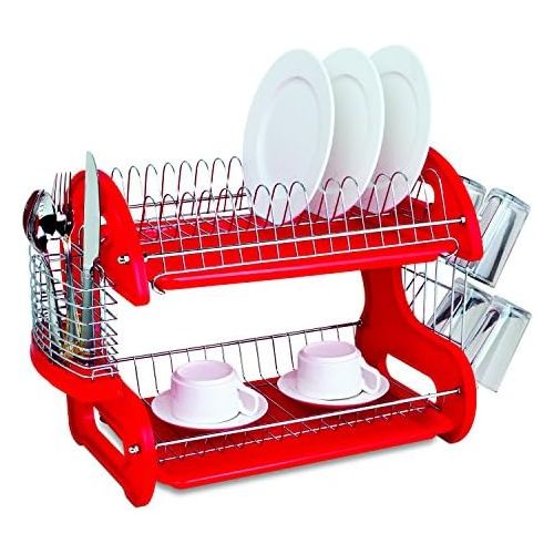  [아마존베스트]Home Basics Plastic 2-Tier Dish Drainer Rack, Air Drying and Organizing Dishes, Side Mounted Cutlery Holder, Red