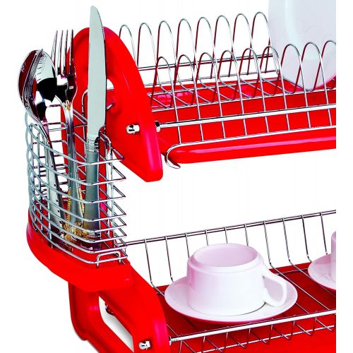  [아마존베스트]Home Basics Plastic 2-Tier Dish Drainer Rack, Air Drying and Organizing Dishes, Side Mounted Cutlery Holder, Red