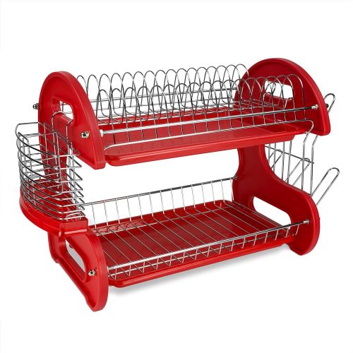  [아마존베스트]Home Basics Plastic 2-Tier Dish Drainer Rack, Air Drying and Organizing Dishes, Side Mounted Cutlery Holder, Red