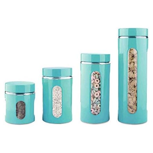  Home Basics 4-Piece Glass Canister Cylinder Set with Clear Window (Turquoise)