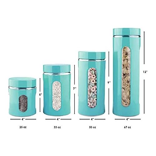  Home Basics 4-Piece Glass Canister Cylinder Set with Clear Window (Turquoise)