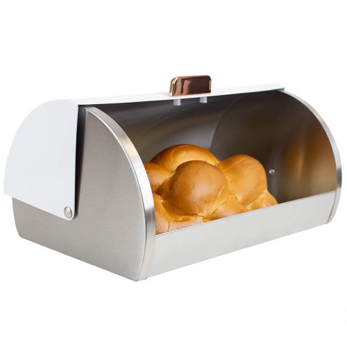  Home Basics Retro Bread Box with Roll-up Top Panel Lid and Gold Handle Stainless Steel Bread Box for kitchen, bread bin, Beard Keeper, Bread Storage & Bread Holder (White)