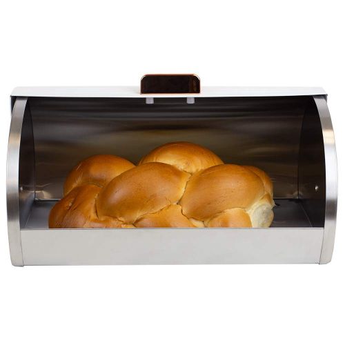  Home Basics Retro Bread Box with Roll-up Top Panel Lid and Gold Handle Stainless Steel Bread Box for kitchen, bread bin, Beard Keeper, Bread Storage & Bread Holder (White)