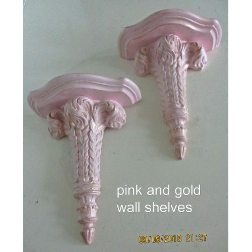  Home Decor By Design Pair Wall Shelves, Upcycled Vintage, Distressed Pink and Gold, Shabby Chic, French Country, Baroque, Nursery Room Decor, Childrens or Girls Room Decor