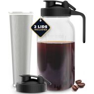 Cold Brew Coffee Maker with Heavy Duty Glass Body & 2 Lids - Iced Tea Machines with Stainless Steel Filter - Iced Coffee Maker - Cold Brew Mason Jar Pitcher with Flip Cap Lid (64 oz / 2 quart, Black)