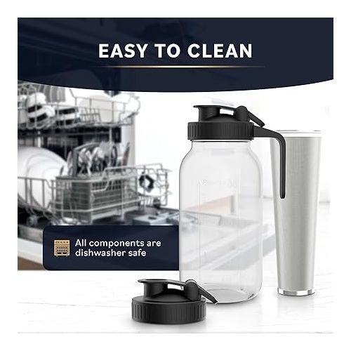  Cold Brew Coffee Maker with Heavy Duty Glass Body & 2 Lids - Iced Tea Machines with Stainless Steel Filter - Iced Coffee Maker - Cold Brew Mason Jar Pitcher with Flip Cap Lid (64 oz / 2 quart, Black)