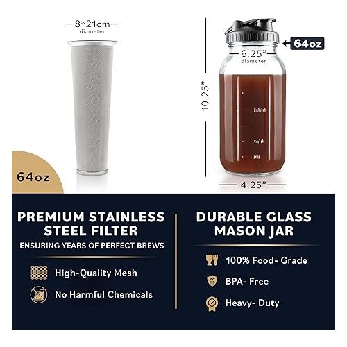  Cold Brew Coffee Maker with Heavy Duty Glass Body & 2 Lids - Iced Tea Machines with Stainless Steel Filter - Iced Coffee Maker - Cold Brew Mason Jar Pitcher with Flip Cap Lid (64 oz / 2 quart, Black)