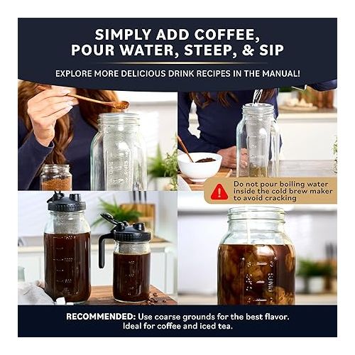  Cold Brew Coffee Maker with Heavy Duty Glass Body & 2 Lids - Iced Tea Machines with Stainless Steel Filter - Iced Coffee Maker - Cold Brew Mason Jar Pitcher with Flip Cap Lid (64 oz / 2 quart, Black)