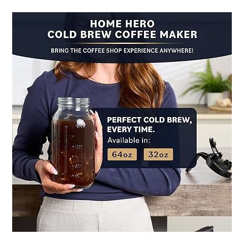  Cold Brew Coffee Maker with Heavy Duty Glass Body & 2 Lids - Iced Tea Machines with Stainless Steel Filter - Iced Coffee Maker - Cold Brew Mason Jar Pitcher with Flip Cap Lid (64 oz / 2 quart, Black)