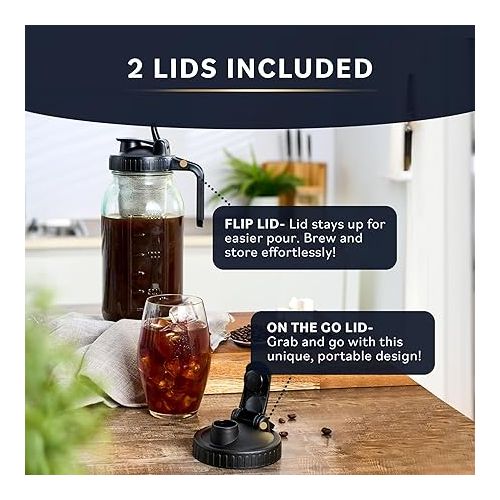  Cold Brew Coffee Maker with Heavy Duty Glass Body & 2 Lids - Iced Tea Machines with Stainless Steel Filter - Iced Coffee Maker - Cold Brew Mason Jar Pitcher with Flip Cap Lid (64 oz / 2 quart, Black)