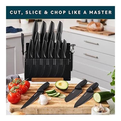  Home Hero Kitchen Knife Set with Sharpener - High Carbon Stainless Steel Knife Block Set with Ergonomic Handles (20 Pcs - Black)
