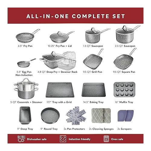  Home Hero Pots and Pans Set Non Stick - Induction Compatible Kitchen Cookware Sets + Bakeware Sets - Non Stick, PFOA Free, Oven Safe Pot and Pan Set Nonstick (23 Pcs - Granite)