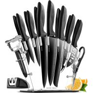 New Home Hero 17 pcs Kitchen Knife Set - 7 Stainless Steel Knives, 6 Serrated Steak Knives, Scissors, Peeler & Knife Sharpener with Acrylic Stand (Black, Stainless Steel)…