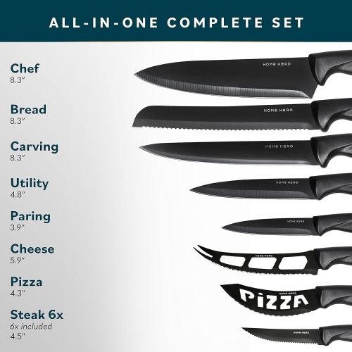  New Home Hero 17 pcs Kitchen Knife Set - 7 Stainless Steel Knives, 6 Serrated Steak Knives, Scissors, Peeler & Knife Sharpener with Acrylic Stand (Black, Stainless Steel)…