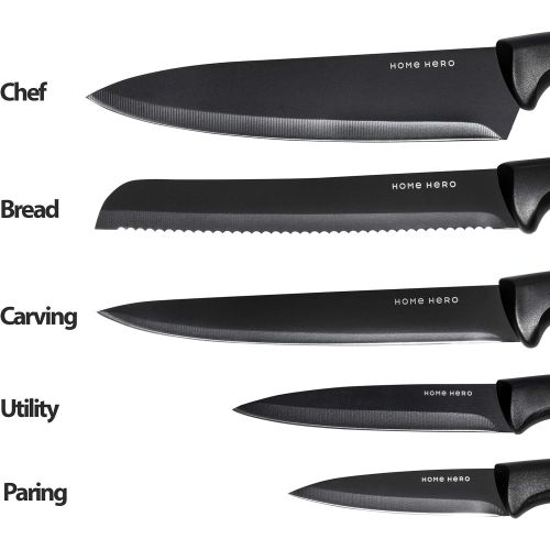  Home Hero 7 pcs Kitchen Knife Set - Block Knife Set - 5 Black Stainless Steel Knives & Knife Sharpener with Acrylic Stand (Black, Stainless Steel)