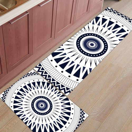  Home L6 Kitchen Mat Set of 2 Piece Non-Slip Bathroom Runner Rug Mandala Flower Bohemian Floral Design Blue and White Doormat Rubber Backing Kitchen Rugs Carpet Indoor Floor Mat 23.6x35.4in