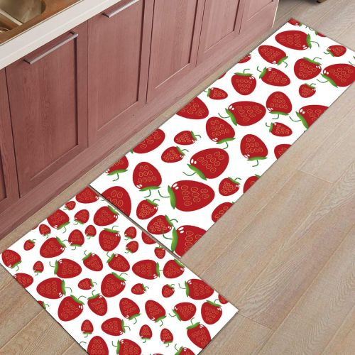  Home L6 HomeL6 Kitchen Mat Set of 2 Piece Non-Slip Bathroom Runner Rug Cartoon Style Strawberries Sweet Fruit Pattern Doormat Rubber Backing Kitchen Rugs Carpet Indoor Floor Mat 23.6x35.4