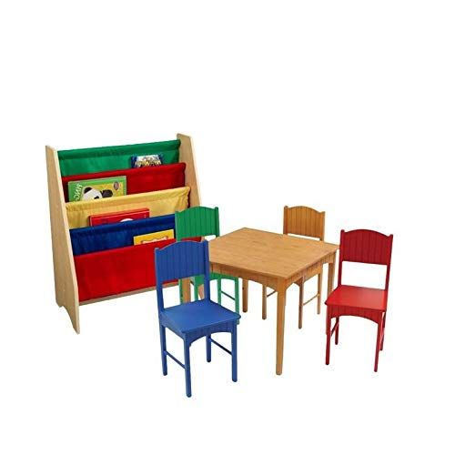  Home Square 6 Piece Kids Play Set with Table and 4 Chairs with Bookshelf in Multi Color