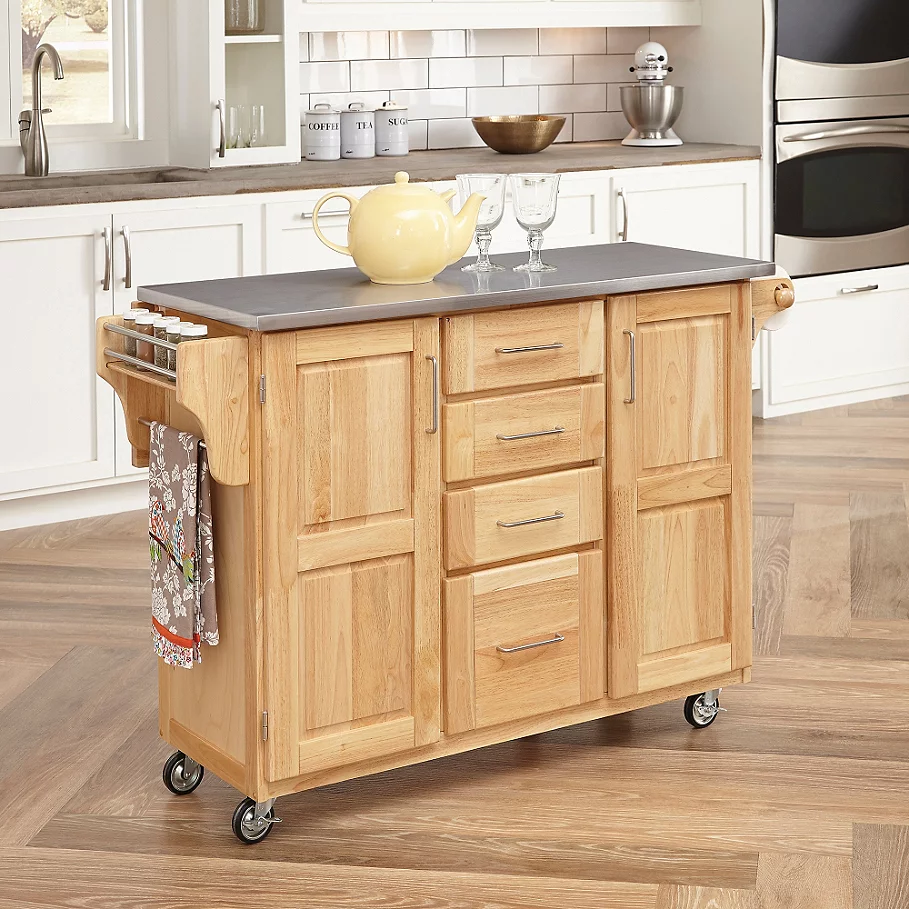 Home Styles Natural Wood Breakfast Bar Rolling Kitchen Cart