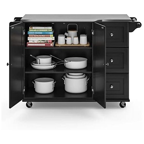  Homestyles Kitchen Cart Rolling Mobile Island Stainless Steel Metal Top, with Storage and Towel Rack , 54 Inch Width, Black