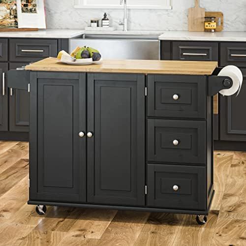  Homestyles Dolly Madison Kitchen Cart with Wood Top and Drop Leaf Breakfast Bar, Rolling Mobile Kitchen Island with Storage and Towel Rack, 54 Inch Width, Black