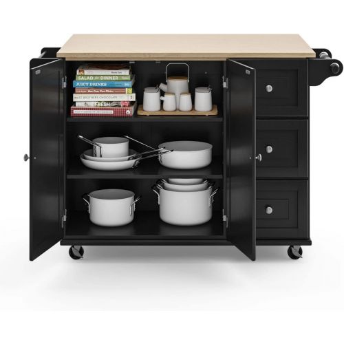  Homestyles Dolly Madison Kitchen Cart with Wood Top and Drop Leaf Breakfast Bar, Rolling Mobile Kitchen Island with Storage and Towel Rack, 54 Inch Width, Black