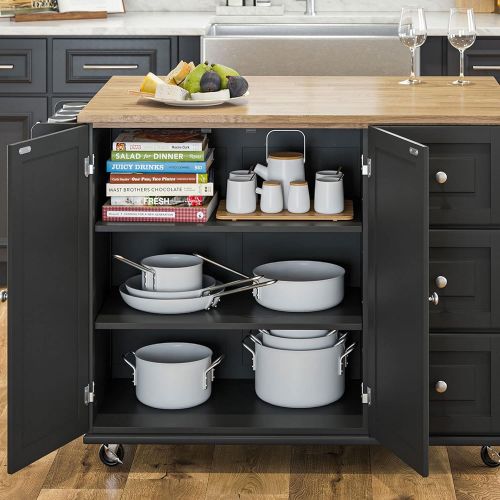  Homestyles Dolly Madison Kitchen Cart with Wood Top and Drop Leaf Breakfast Bar, Rolling Mobile Kitchen Island with Storage and Towel Rack, 54 Inch Width, Black