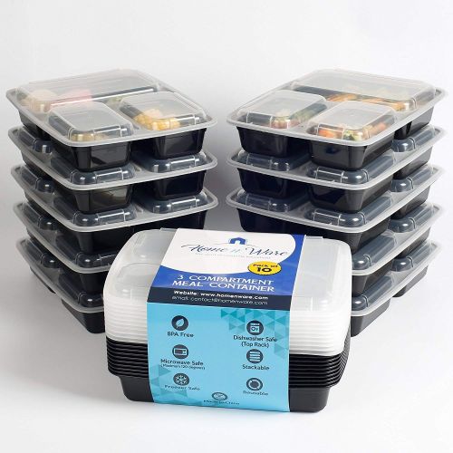  Home n Ware Meal Prep Containers [10 Pack] 3 Compartment with Lids, Food Storage Bento Box | BPAFree | Stackable | Reusable Lunch Boxes, Microwave/Dishwasher/Freezer Safe,Portion C