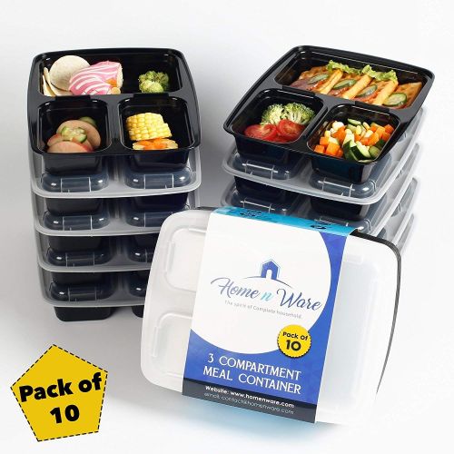  Home n Ware Meal Prep Containers [10 Pack] 3 Compartment with Lids, Food Storage Bento Box | BPAFree | Stackable | Reusable Lunch Boxes, Microwave/Dishwasher/Freezer Safe,Portion C