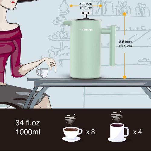  HomeApp Kaffee- und Teezubereiter, doppelwandig, Edelstahl, manuelle Kaffee- und Teekanne mit 2 zusatzlichen Filtern 1000 ml (mit Tropfenstopp) Lightcyan