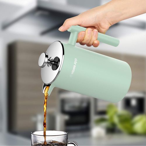  HomeApp Kaffee- und Teezubereiter, doppelwandig, Edelstahl, manuelle Kaffee- und Teekanne mit 2 zusatzlichen Filtern 1000 ml (mit Tropfenstopp) Lightcyan