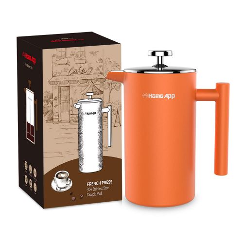  HomeApp Kaffee- und Teezubereiter, doppelwandig, Edelstahl, manuelle Kaffee- und Teekanne mit 2 zusatzlichen Filtern 1000 ml (mit Tropfenstopp) Orange