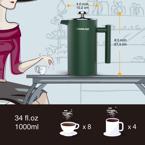  HomeApp Kaffee- und Teezubereiter, doppelwandig, Edelstahl, manuelle Kaffee- und Teekanne mit 2 zusatzlichen Filtern 1000 ml (mit Tropfenstopp) gruen